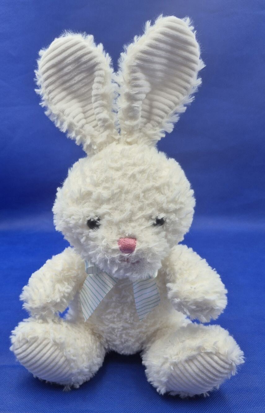 HugFun Super-Soft 12" White Celebrate Bunny Blue-Striped Bow